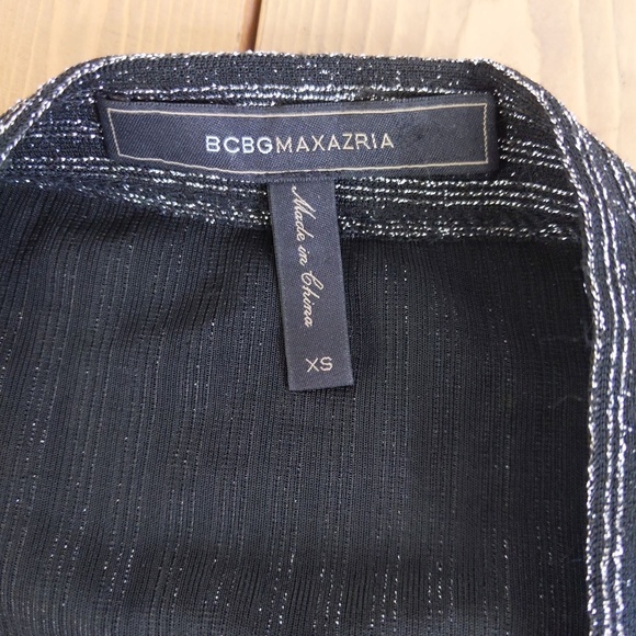 BCBGMAXAZRIA Women's Black Silver Metallic Sparkle Long Sleeve Mini Wrap Dress - Picture 2 of 10